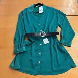 Zara Blue Long Sleeve Shirt Dress with Notched Collar for Casual Work